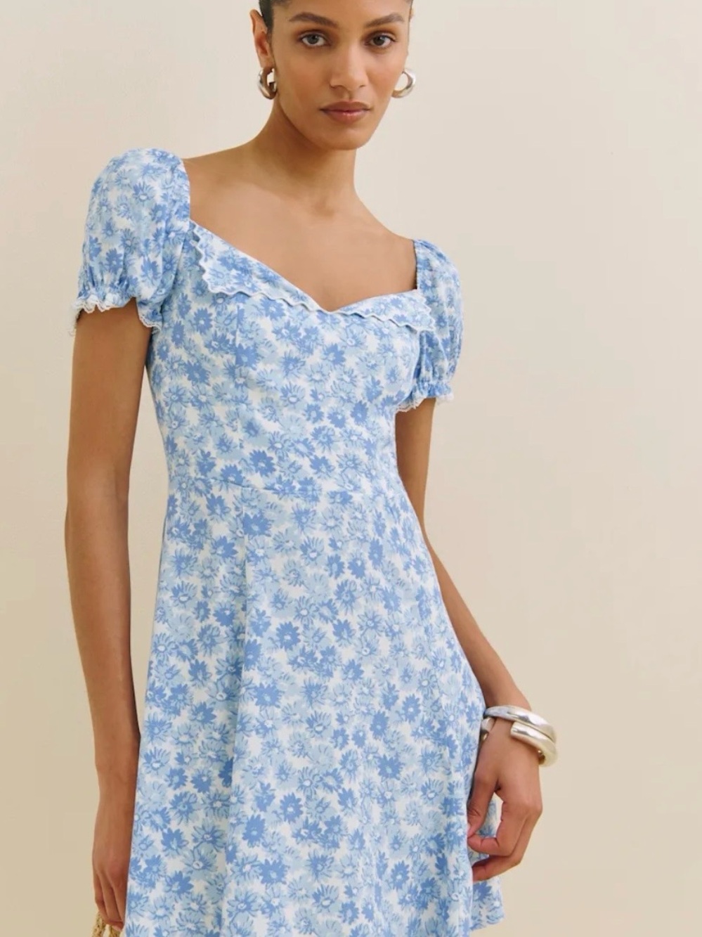 Reformation Suzette Light Blue Floral Puff-Sleeve Mini Dress